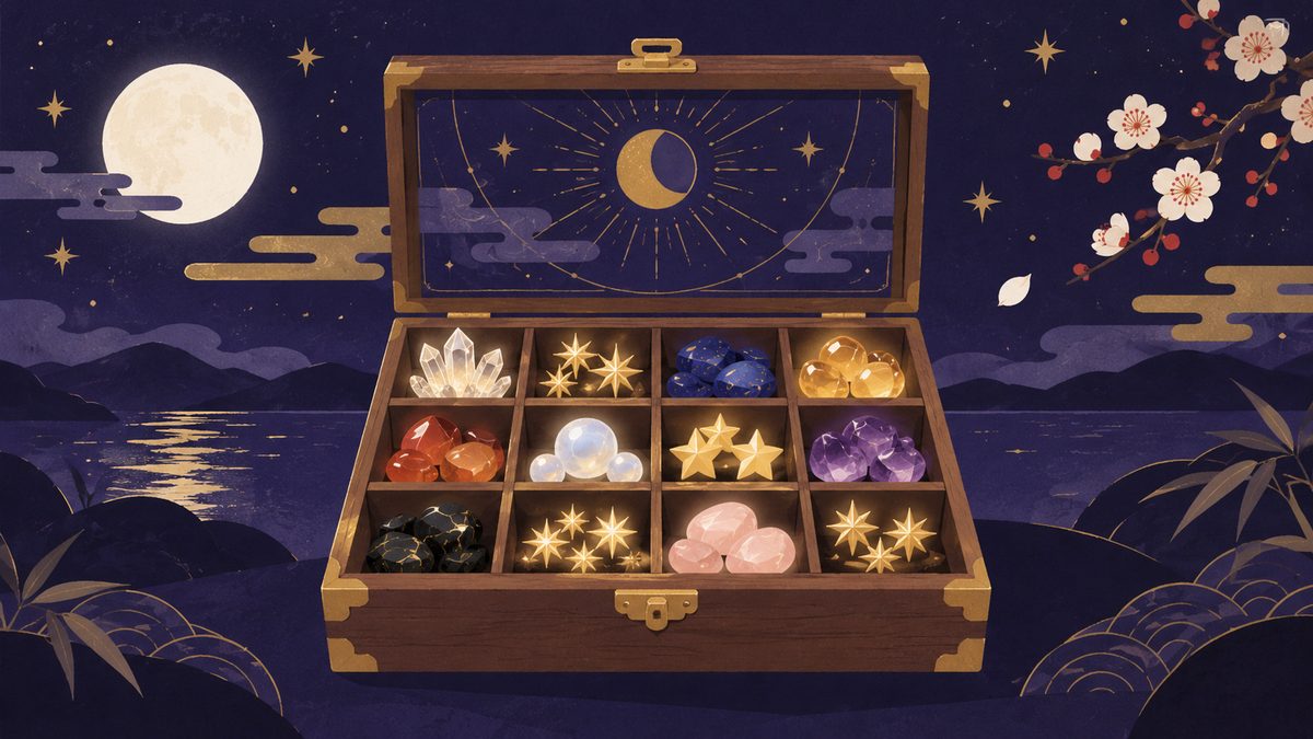 仕切りのある木箱に、光る星や小石がきれいに分けて入れられている