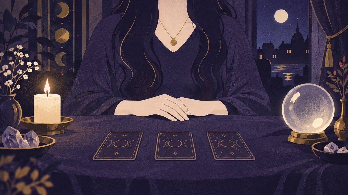 夜の占いの館のテーブルに、タロットカードの裏面が三枚並び、その前に女性の手元が見える絵。カードには絵柄や文字を描かず、裏面の模様だけにする