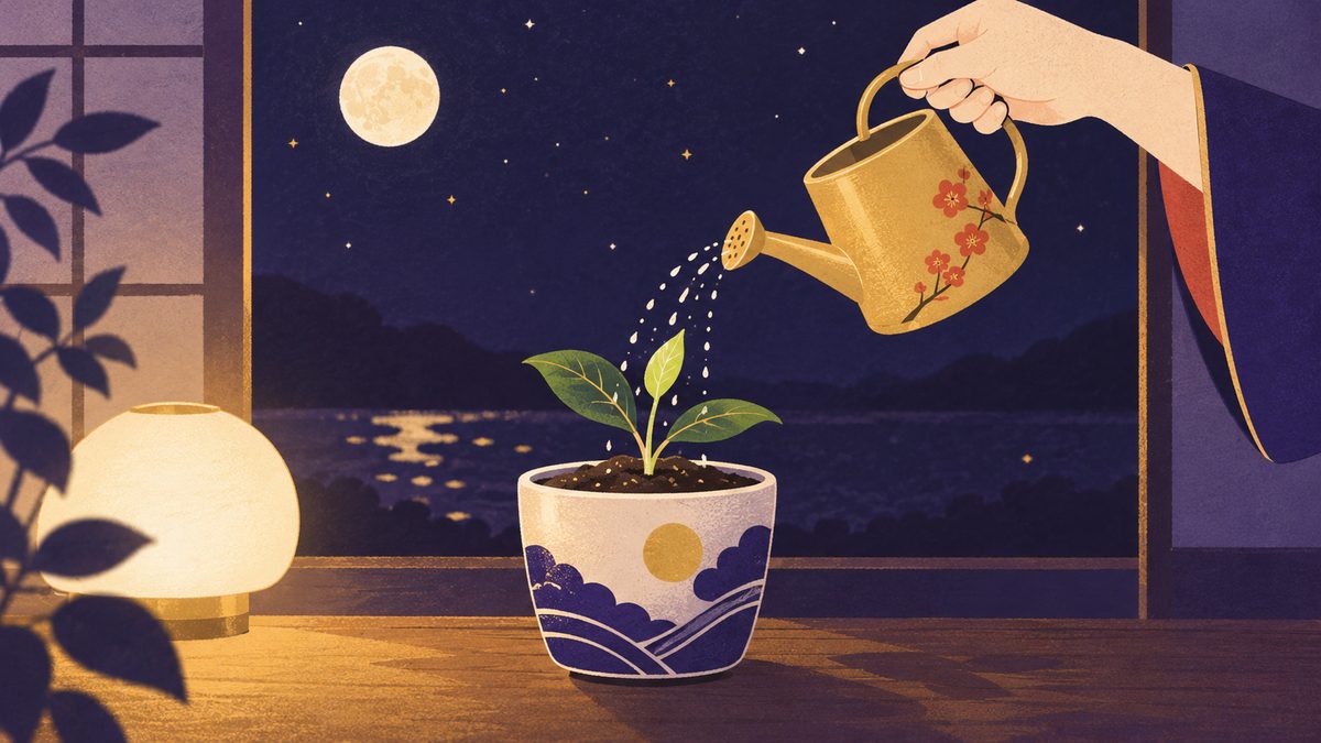 小さな鉢植えにジョウロで水をあげている手元