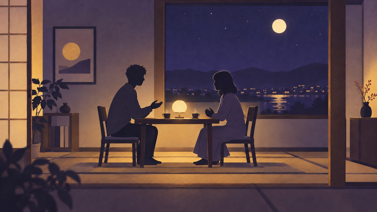 テーブルをはさんで向かい合って座る二人を横から遠景で描く