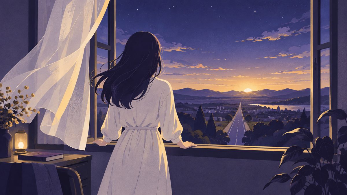 夜明け前の窓辺に立つ女性の後ろ姿