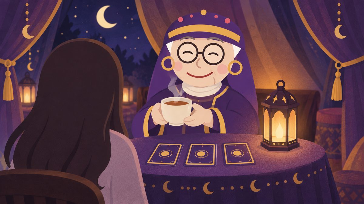 占いババアが小さな丸いテーブルで温かいお茶を差し出し、向かいに座る女性(後ろ姿)が話を聞いている場面