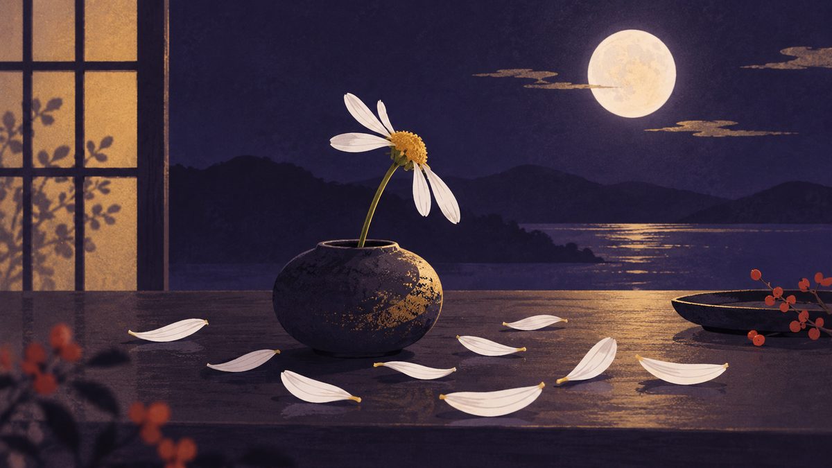 テーブルに花びらがたくさん散った、花占いのあとのような一輪の花
