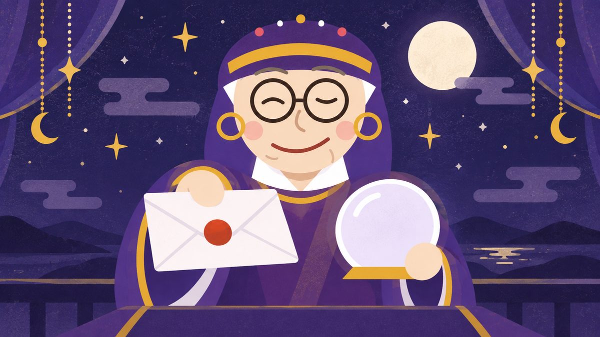 占いババアが朱色の封をした手紙を差し出している