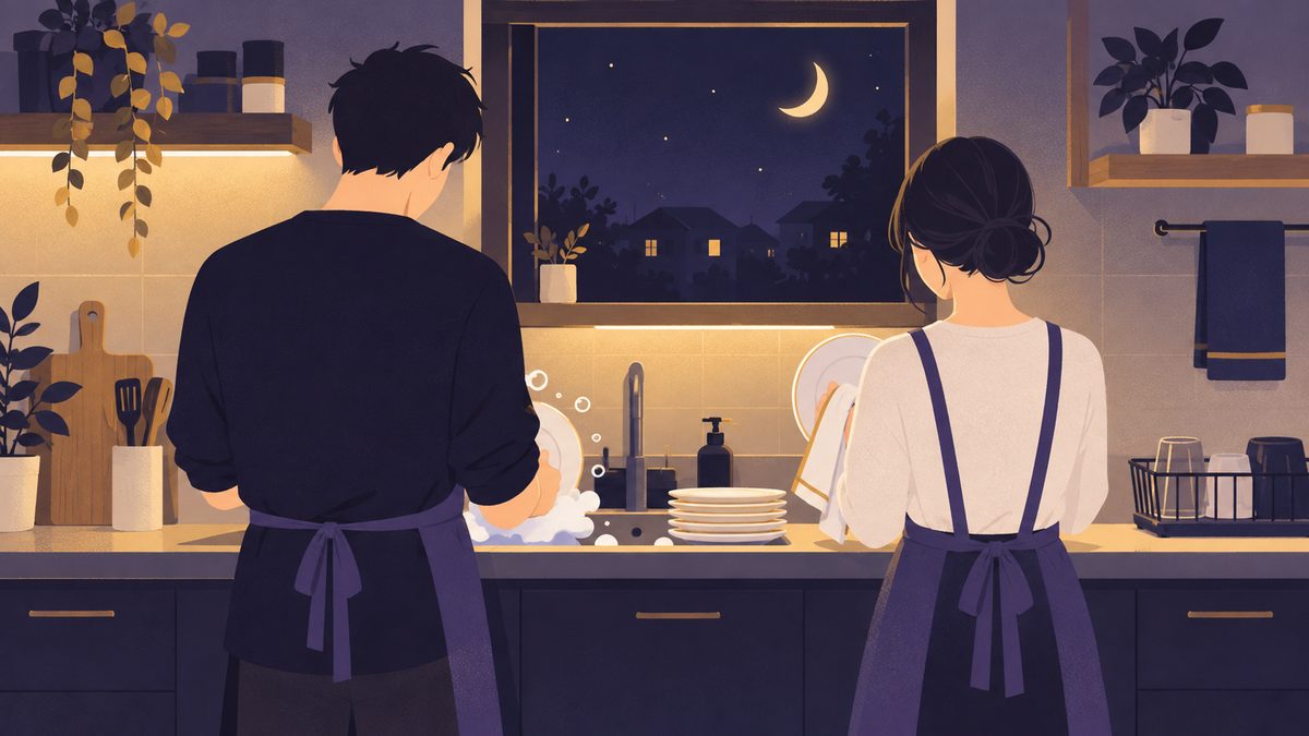 夜のキッチンで、カップルが並んで立つ後ろ姿