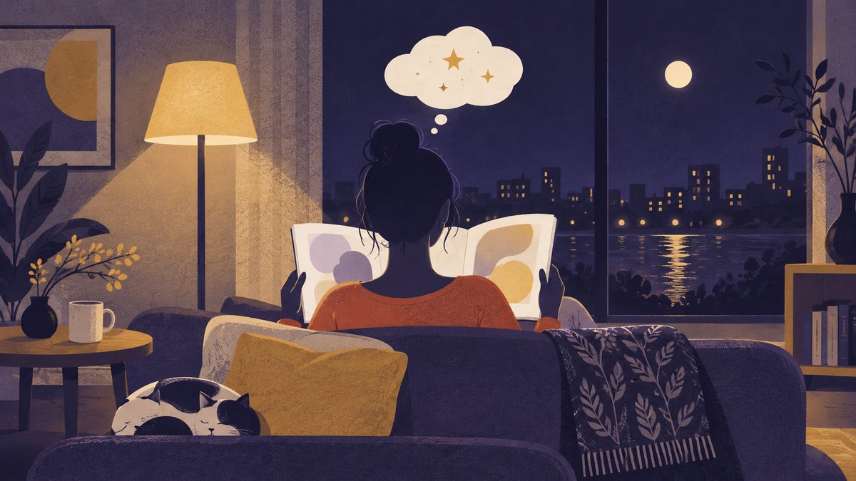 ソファに座って雑誌を広げる女性の後ろ姿。頭の上に小さな吹き出しのような雲