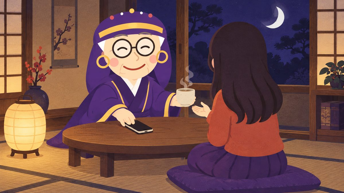 占いババアがにこにこしながら、女性の手からスマホをそっと受け取ってテーブルに伏せ、代わりに湯気の立つ湯のみを手渡している絵。女性は後ろ姿