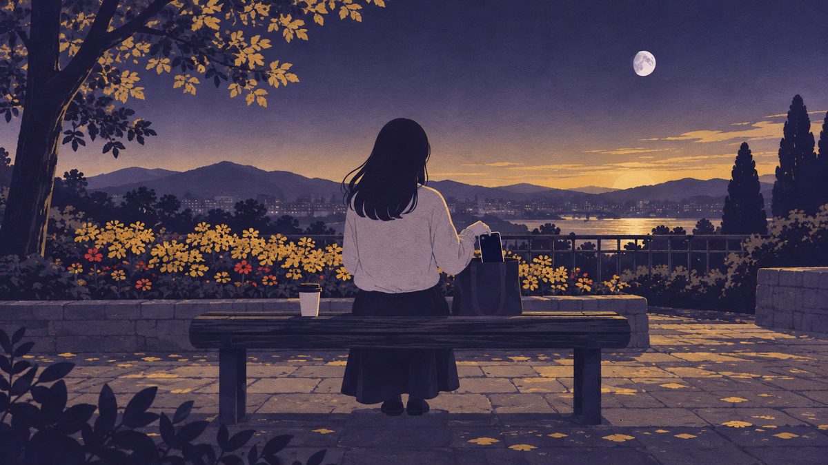 休日の朝、女性が一人で公園のベンチに座り、スマホをかばんにしまって花壇の花を眺めている後ろ姿。自分の時間を大切にし始めた雰囲気