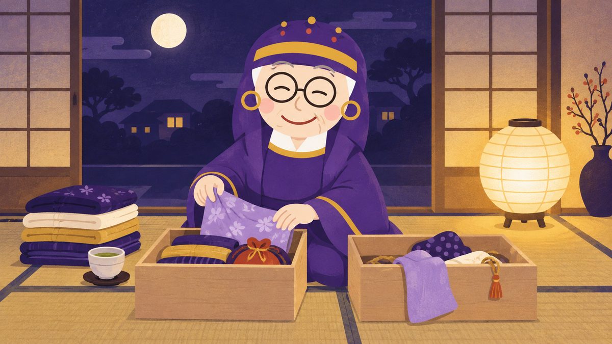 占いババアが、たたみの部屋で洋服や小物を「残す箱」と「手放す箱」に分けながら、にっこりしている。横には湯のみと、たたんだ服の小さな山