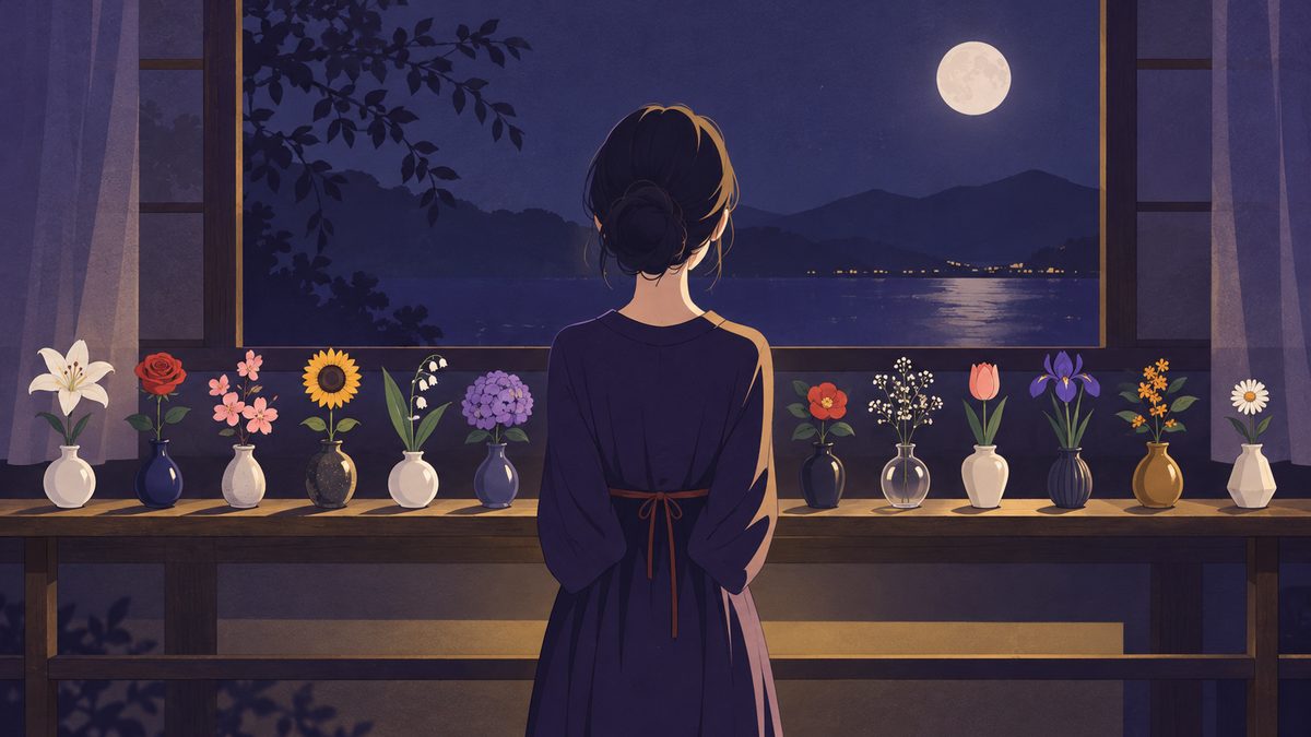 12本の小さな花を生けた花びんが並ぶ棚と、それを眺める女性の後ろ姿