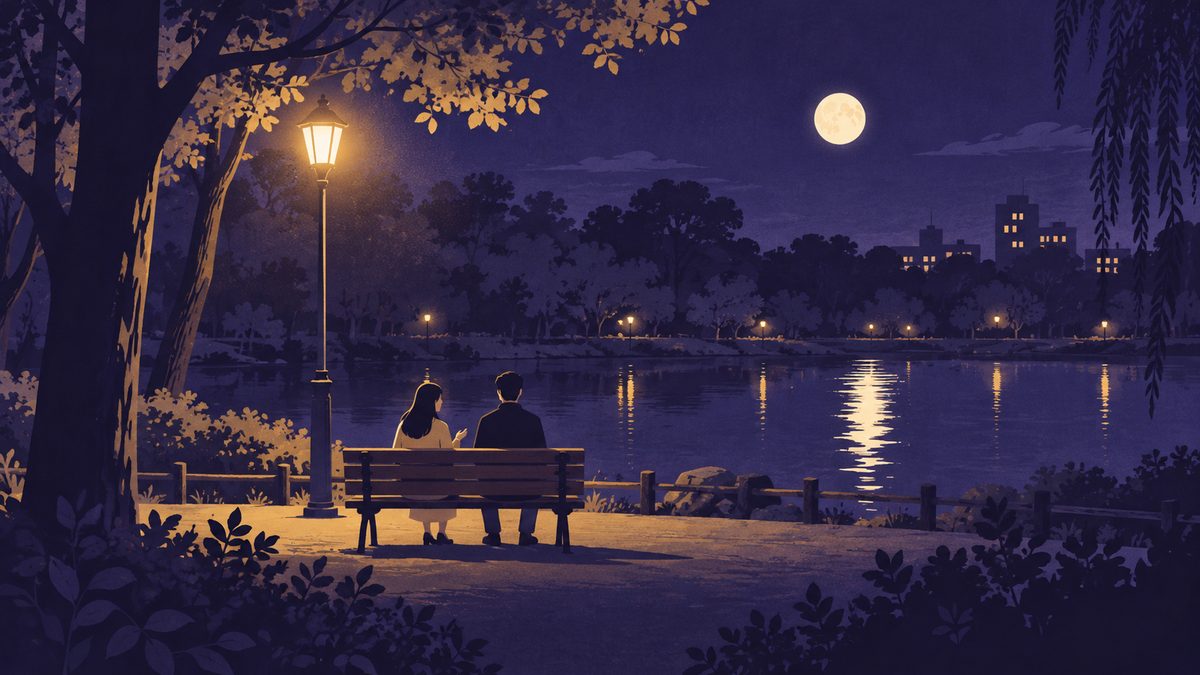 人の少ない公園のベンチに並んで座る二人を遠景で描く