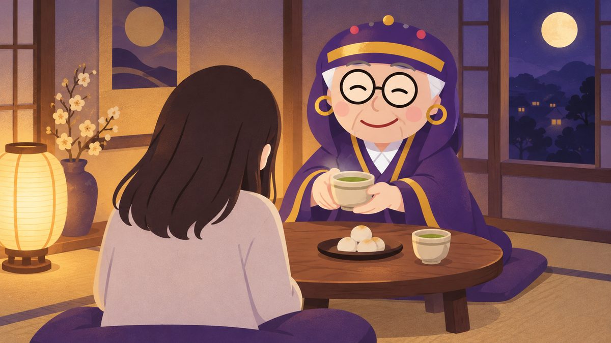 占いババアが小さなちゃぶ台の前に座り、湯のみのお茶とお団子を差し出して、肩を落とした女性の後ろ姿をあたたかく迎えている