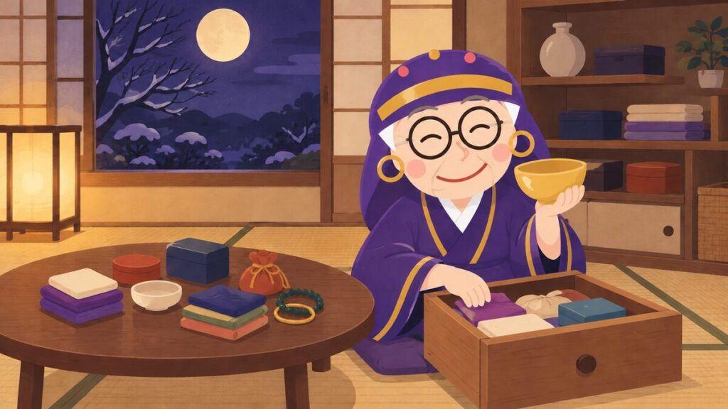占いババアが、ちゃぶ台の横で引き出しの中身を仕分けしながら、黄色い器を手にして笑っている場面です