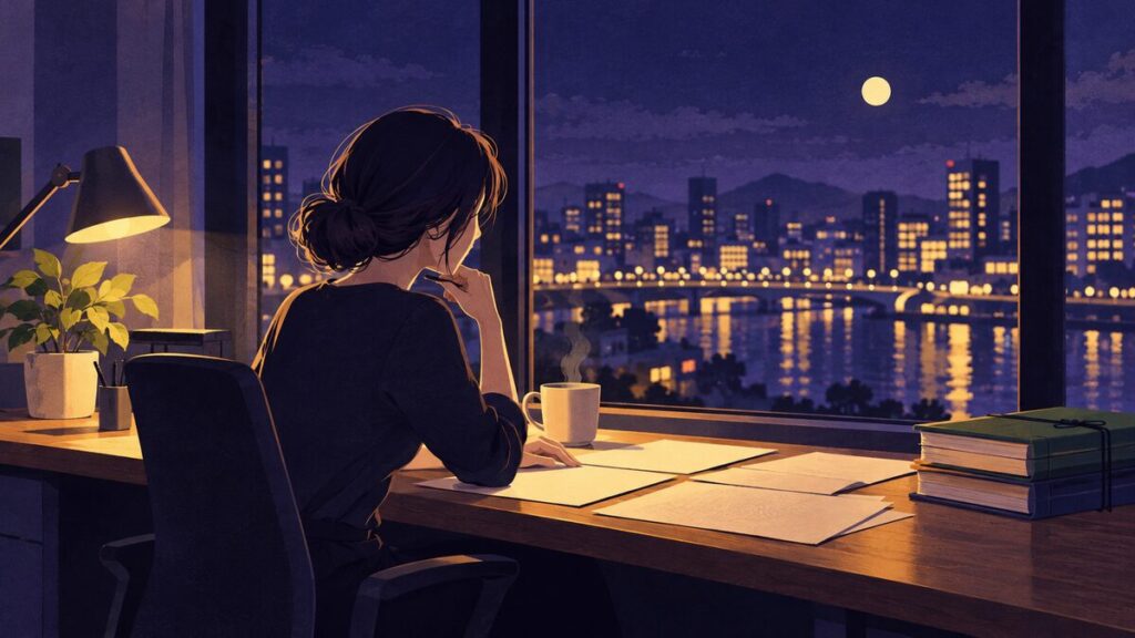 夜のオフィスの窓辺で、机に広げた書類を前に考えている女性の横顔のシルエットです