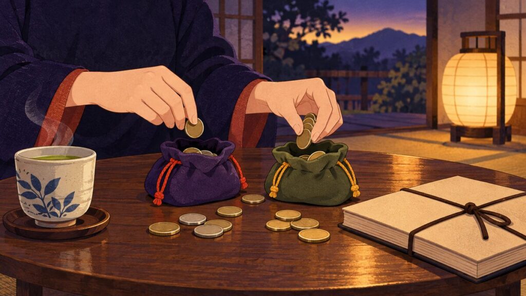 ちゃぶ台の上で、2つの小さな布袋に硬貨を分けている手元です