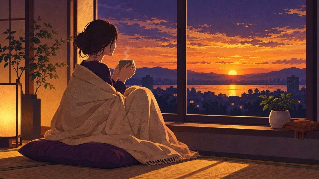 西向きの窓辺で、ベージュのブランケットにくるまってお茶を飲みながら休む女性の横顔のシルエットです