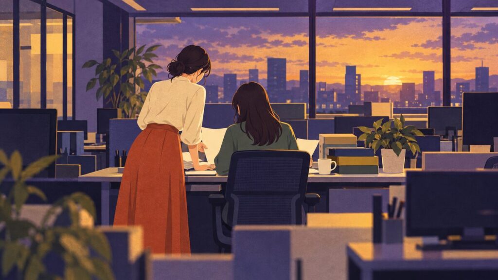 オフィスで女性が同僚の机のそばに立ち、資料を一緒にのぞきこんでいる遠景です