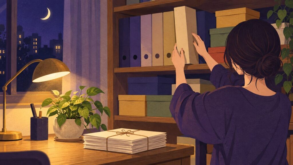 夜の部屋で、棚のファイルや箱を一つずつ整理している女性の手元です