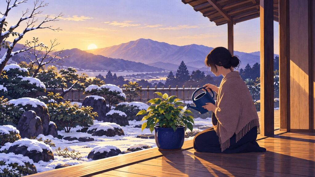雪の残る冬の朝、家の縁側に置いた青い鉢の観葉植物に水をやる女性の横顔のシルエットです