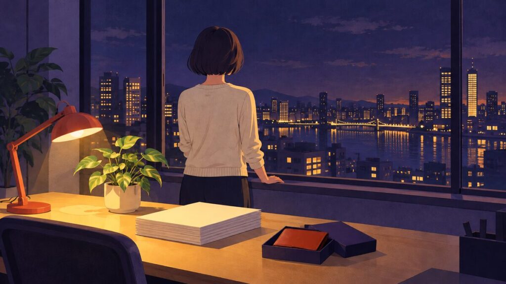 夜のオフィスの窓際で、女性が後ろ姿で立ち、机の上に書類の束と小さな観葉植物、まだ箱に入ったままの新しい名刺入れが置かれている場面です