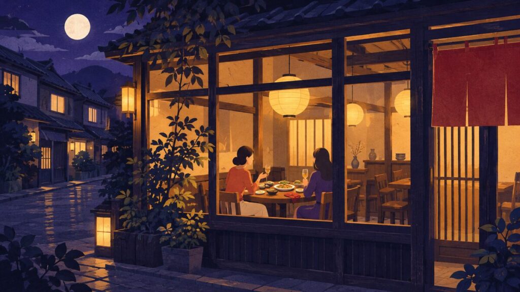 小さな食堂のテーブルで、2人の女性が向かい合って食事をしながら話している遠景です