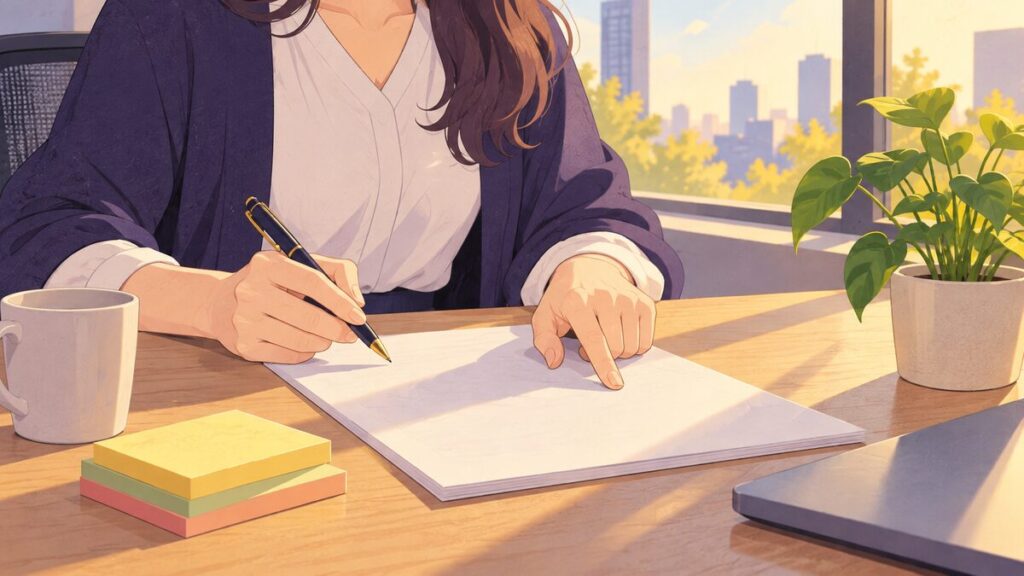 南向きの窓から光が差すオフィスの机で、女性の手元が書類の日付を指でたどって確認している場面です