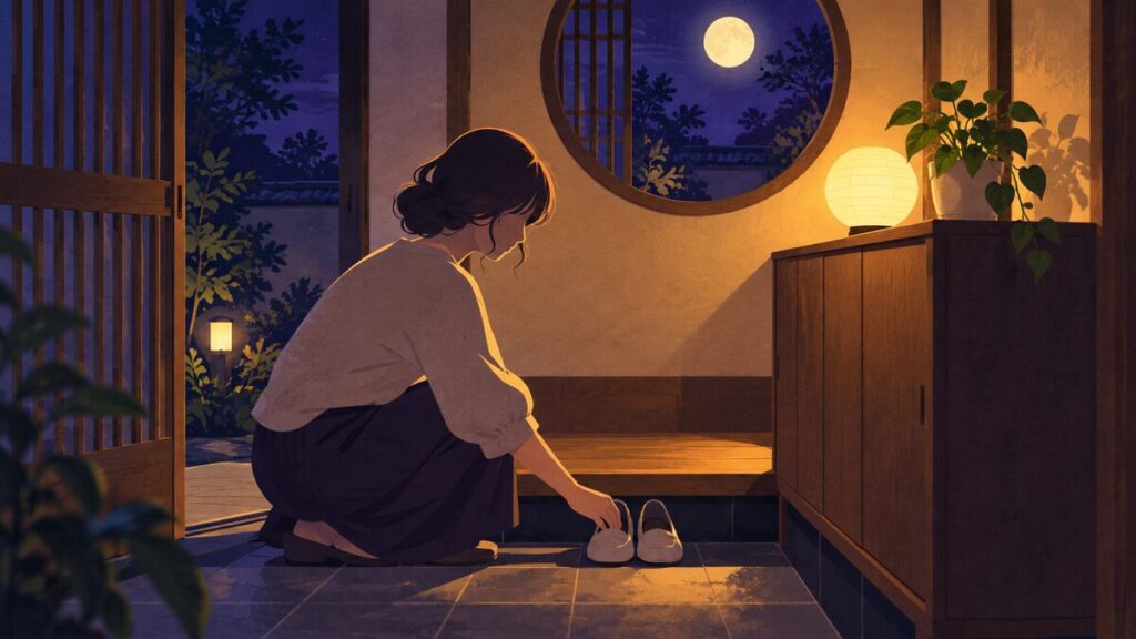 夜の玄関で、女性が横顔のシルエットで靴をそろえている場面です