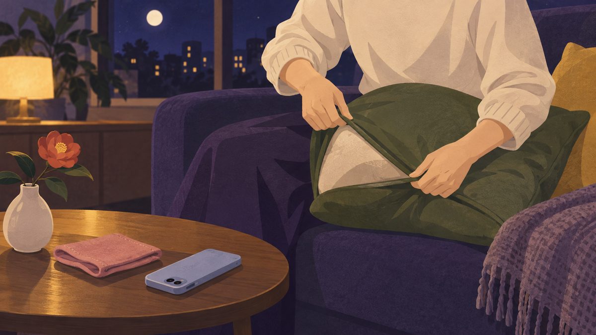ソファに座った女性の手元が、膝の上でクッションカバーを新しい色のものに替えている場面