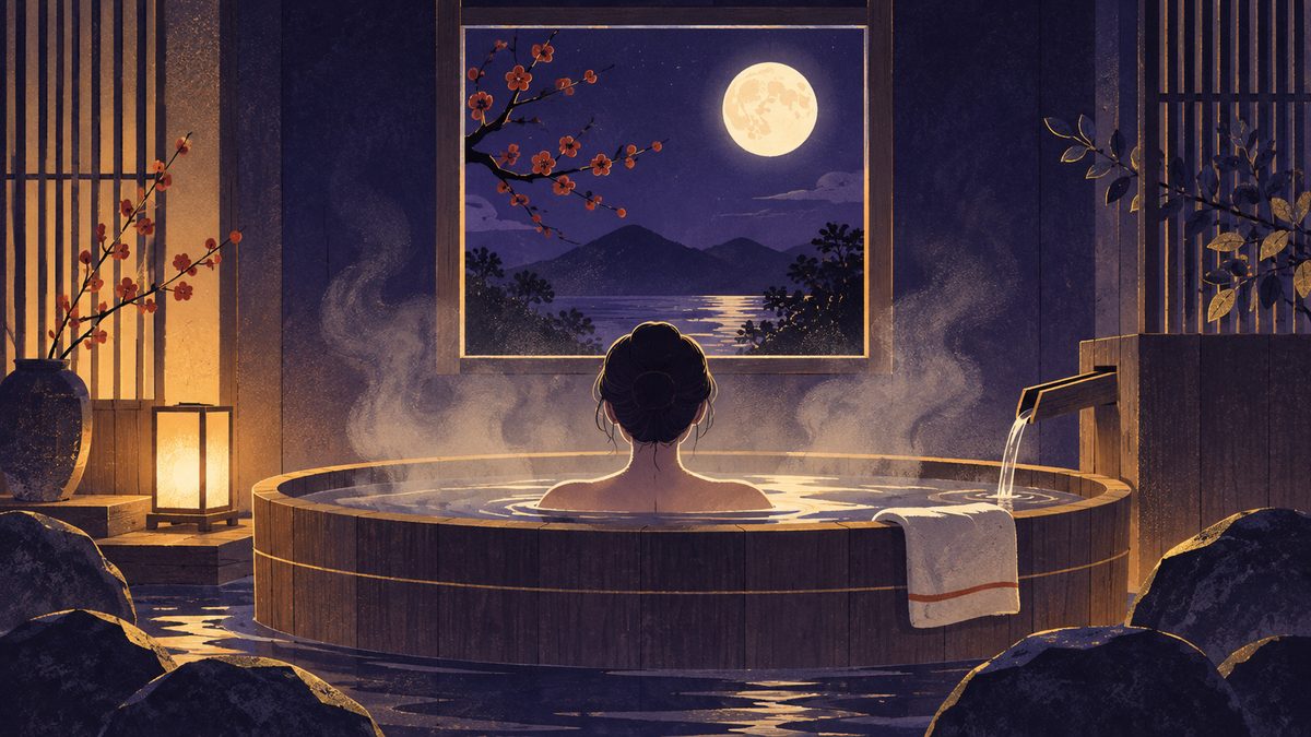 湯気の立つ湯船につかってくつろぐ人のシルエット。小さな窓から満月の光が差しこみ、湯気がやわらかく光っている