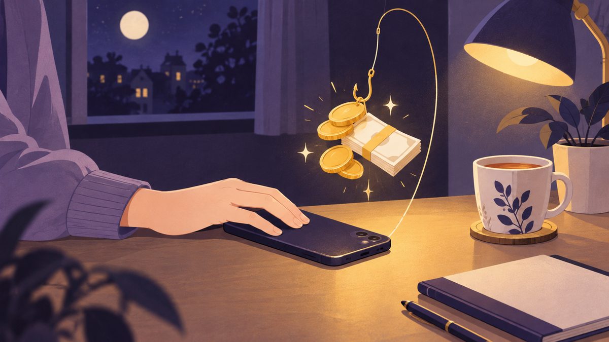 机の上に置かれたスマホから、金色のコインと札束の絵が釣り針につられて差し出されている