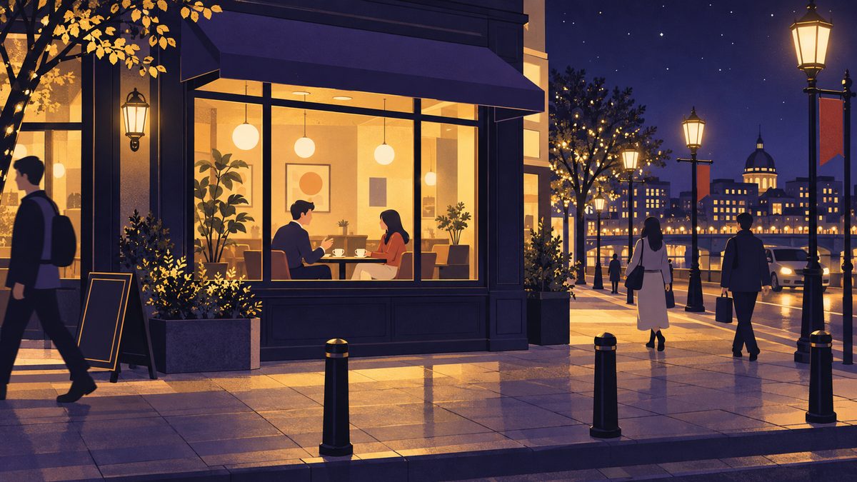 夜の明るいカフェの窓の外から見た遠景