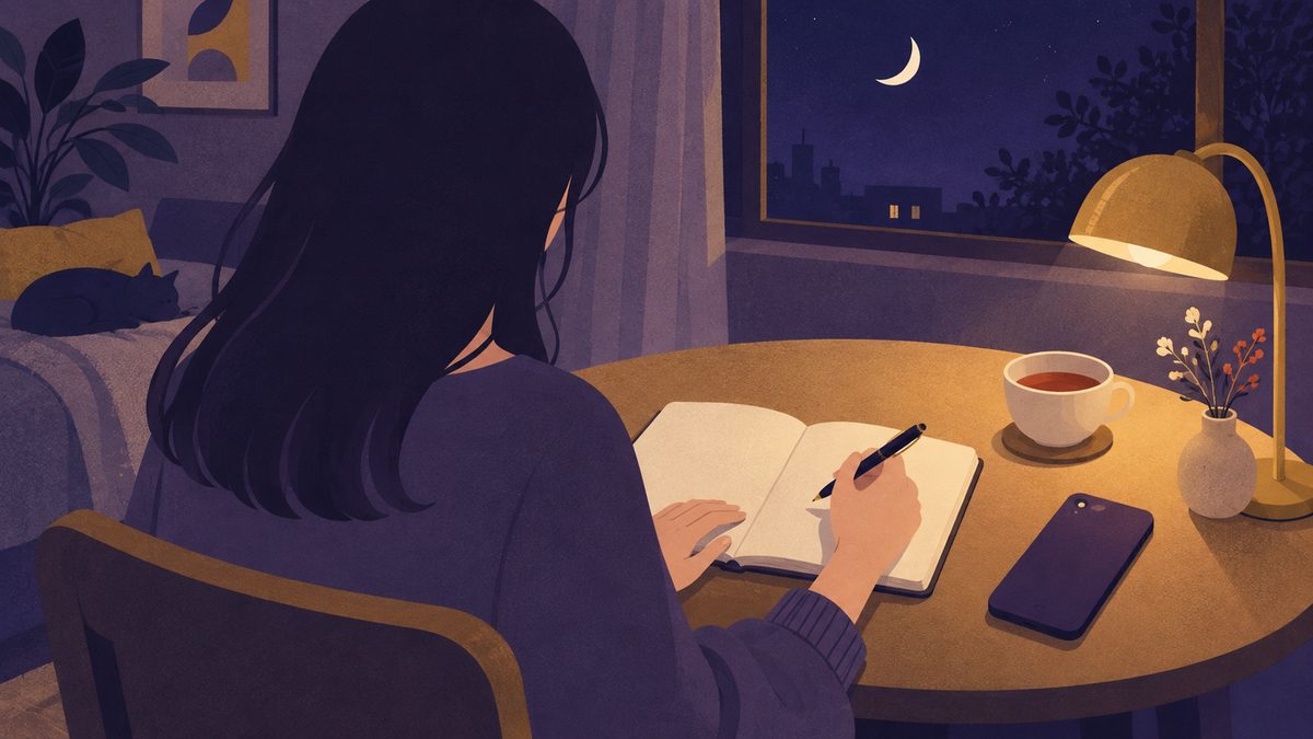 夜のテーブルで女性がノートにペンで何かを書き出している手元。スマホは横に伏せて置かれ、返事をする前に自分の気持ちを整理している