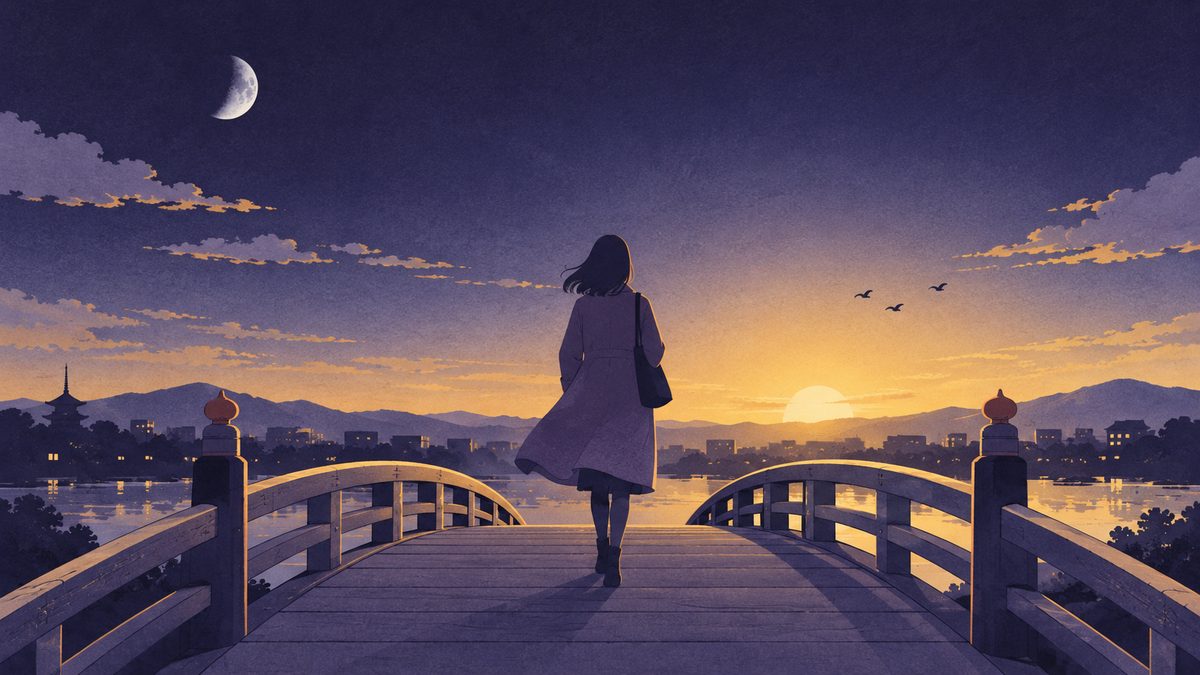 夜明けの橋の上を、女性が一人で前を向いて歩いていく後ろ姿。遠くの空がうっすら明るくなり、自分の道を選んで進む雰囲気