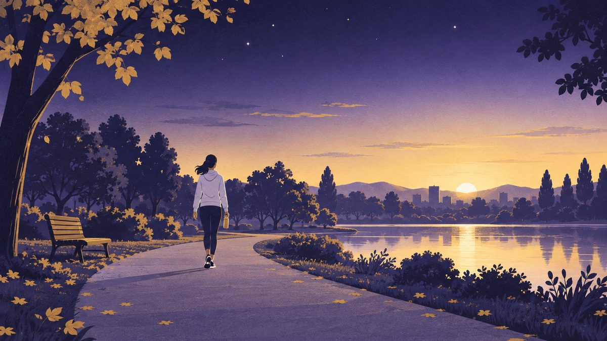 朝の公園を散歩する女性を遠景で描く