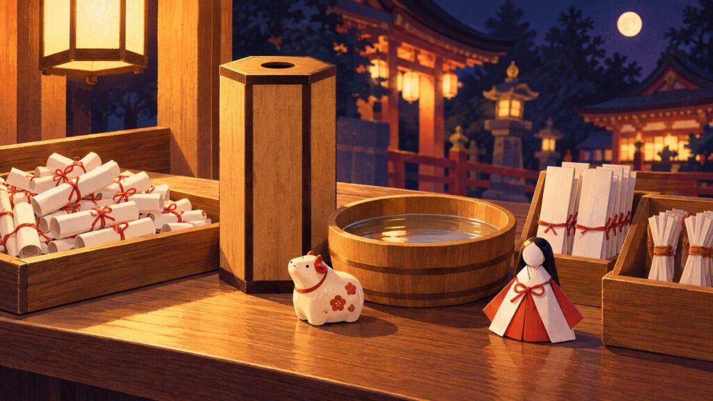 授与所の木の台の上に、いろいろなおみくじが並んでいる静物画です