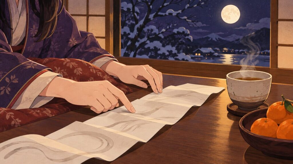 こたつの上に広げたおみくじを、湯のみの横で指先でなぞりながら読んでいる手元のアップです