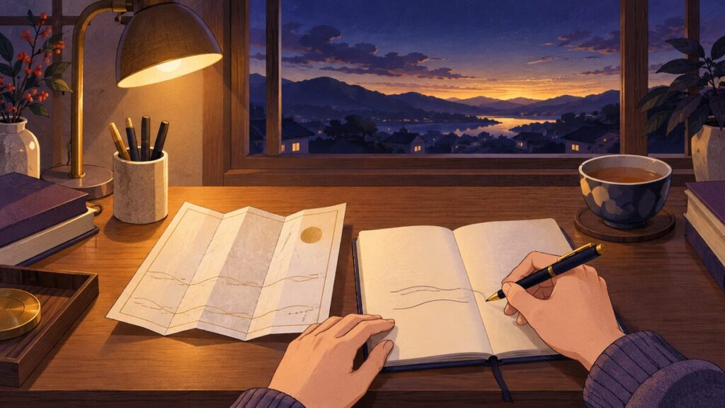 家の机の上で、開いたおみくじの横に手帳を広げ、ペンで一行メモを書いている手元の絵です