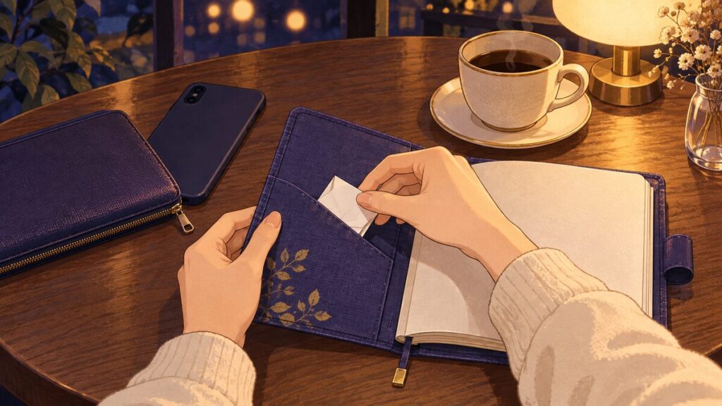 開いた手帳のポケットに、小さくたたんだおみくじをそっと差しこんでいる手元のアップです