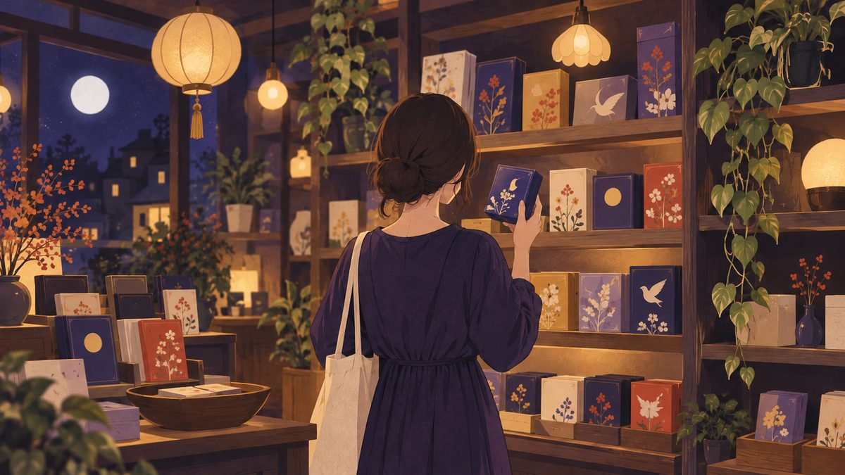 雑貨屋の木の棚に、いろいろな色の小箱のカードデッキが並び、女性の後ろ姿が1つの箱を手に取って眺めている場面