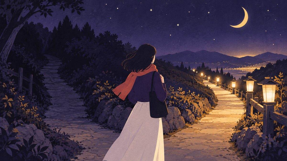 夜の小道の分かれ道で、女性の後ろ姿が立ち止まり、いつも歩いてきた暗い道ではなく、提灯がともる新しい道のほうを見ている