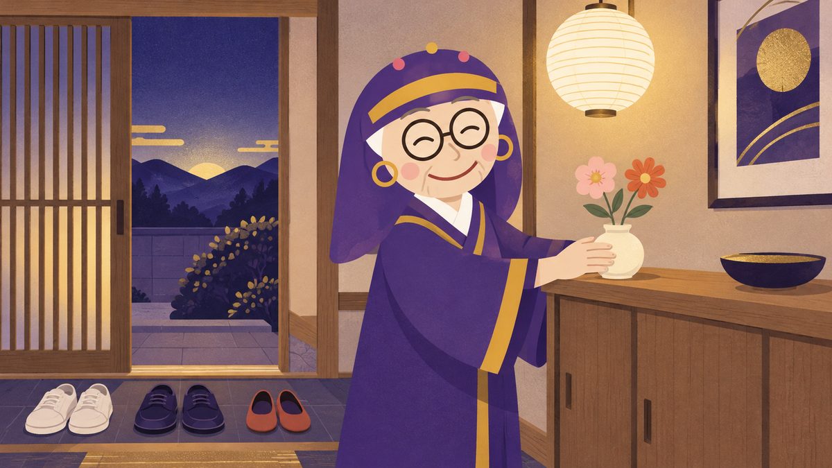 占いババアがにこにこしながら、片付いた玄関に淡いピンクとオレンジの花を一輪ずつ生けた花瓶を置いている絵。床はきれいで、靴はそろえてある