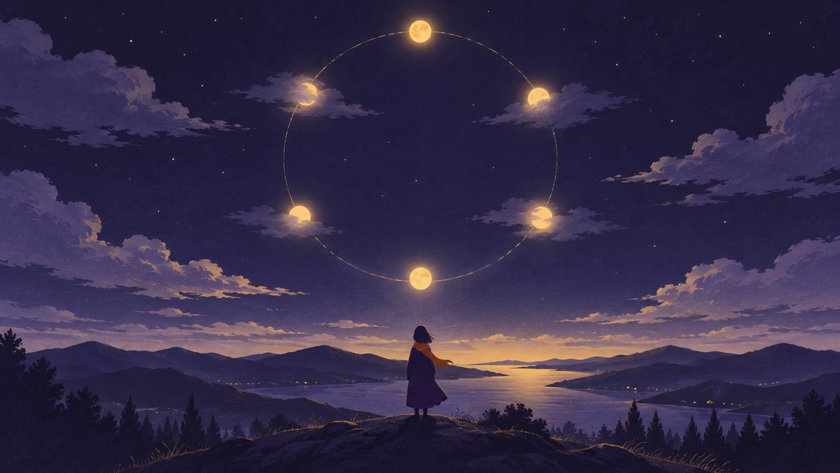 夜空に大きな円を描くように、6つの小さな星の玉が並び、そのうちの一部が雲で少しかげっている