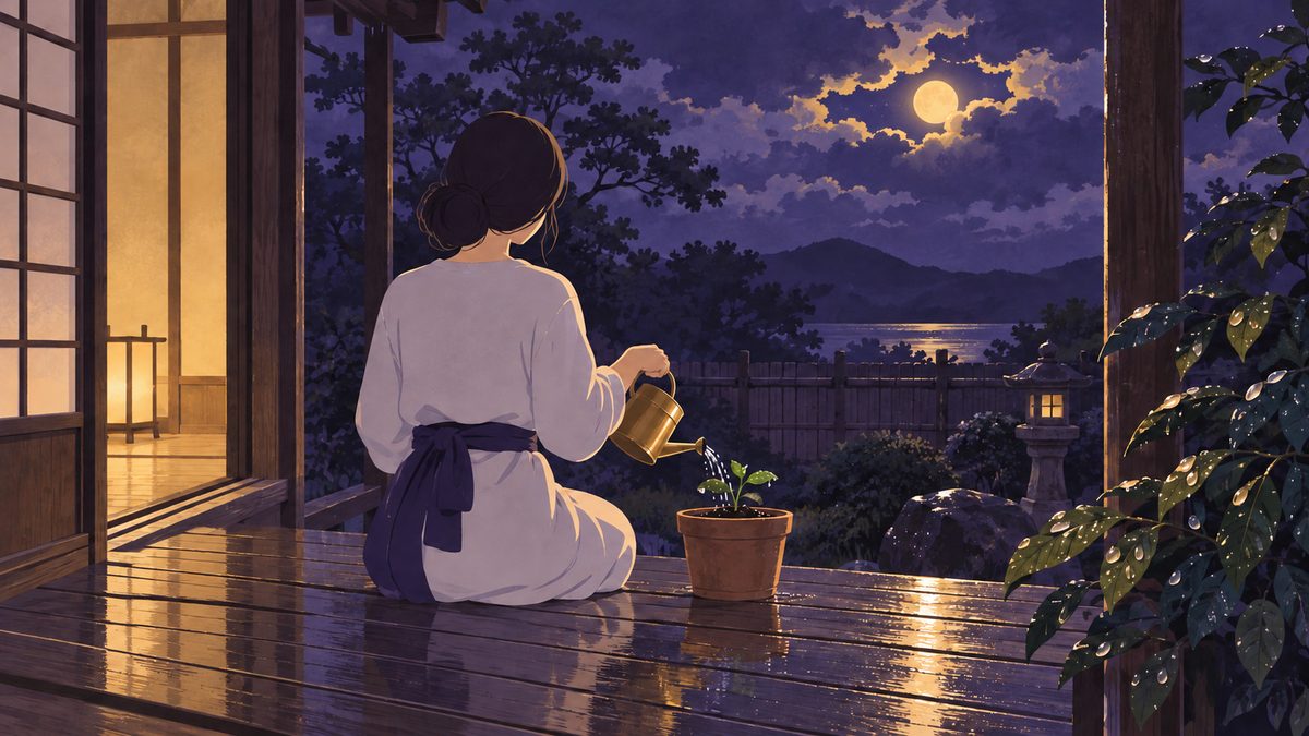 雨上がりの縁側で、女性が植木鉢の小さな芽に水をやっている後ろ姿