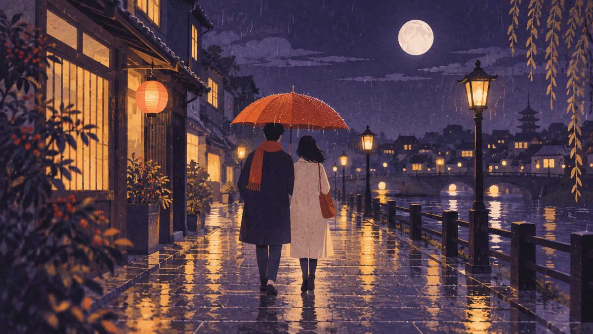夜の駅前の歩道で、2人の後ろ姿が1本の傘を分け合って歩いている遠景。小雨の向こうに街の明かりと月が見える