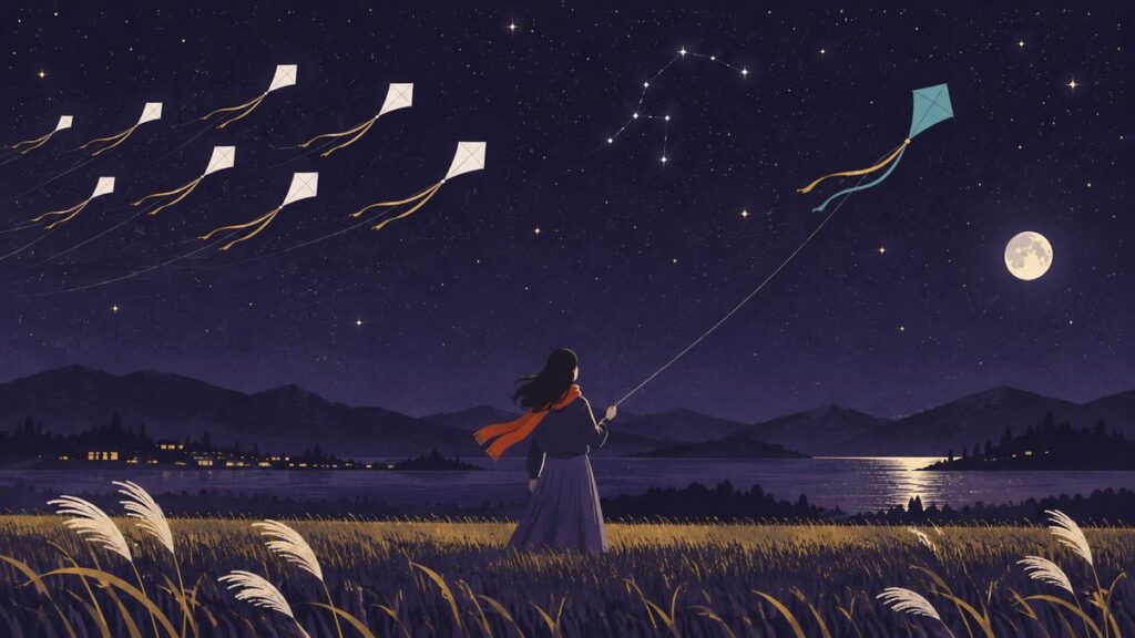夜空に同じ白い凧がたくさん同じ向きに揚がる中、一つだけターコイズ色の凧が別の方向へ飛び、その糸を持つ人の後ろ姿