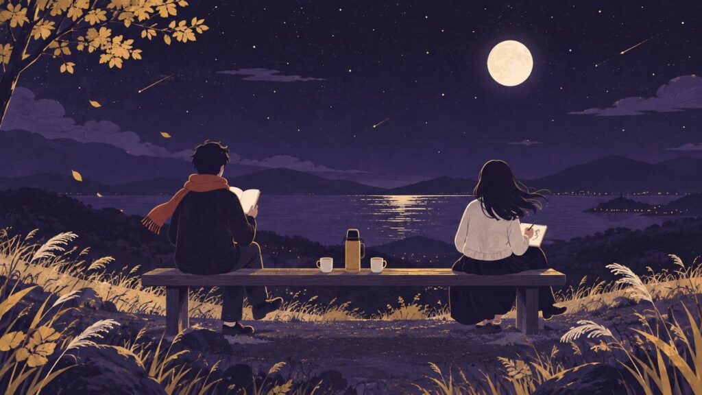 広い空の下の長いベンチの両はしに座り、一人は本を読み、一人はスケッチをしている二人。真ん中に共有の水筒が置いてある