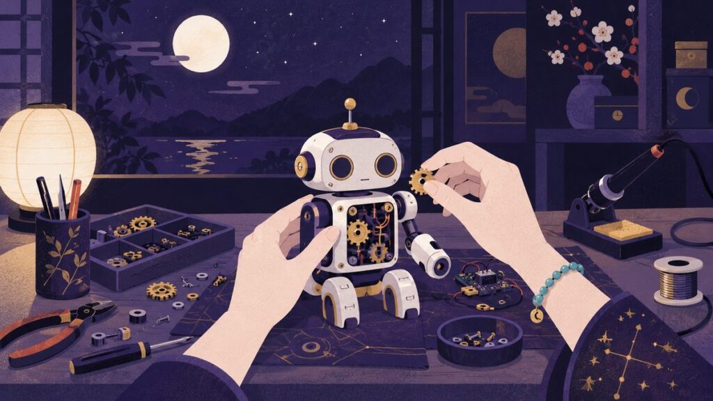 工作机で、ターコイズのブレスレットをした手が小さなロボットの試作品を組み立てている。歯車や電子部品が並んでいる