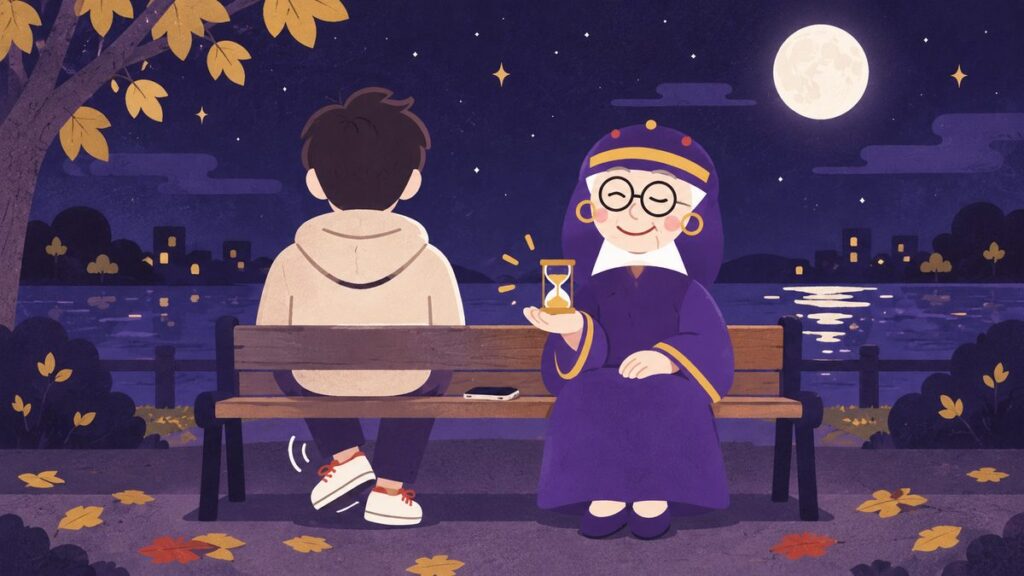 占いババアがベンチで小さな砂時計を手に持ち、となりでスマホを伏せて足をそわそわさせている人に「返事を待つのも立派な行動さ」と笑いかけている