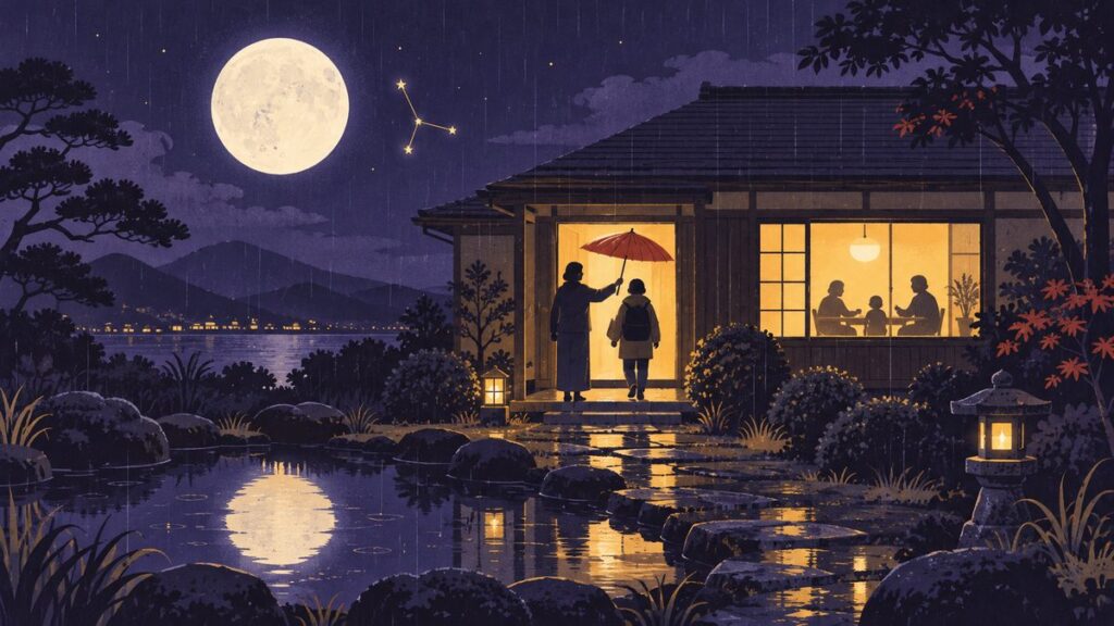 満月の夜、灯りのともった家の窓に家族の影。雨の中、玄関先で帰ってきた人に傘を差しかける人の後ろ姿と、庭の小さな池に映る月