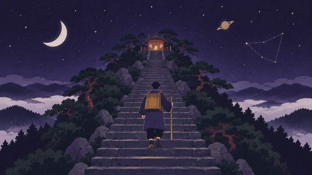 夜の山の石段を、杖をついて一段ずつ登っていく人の後ろ姿。上には小さなほこらの灯り、空には輪のある土星が小さく見える